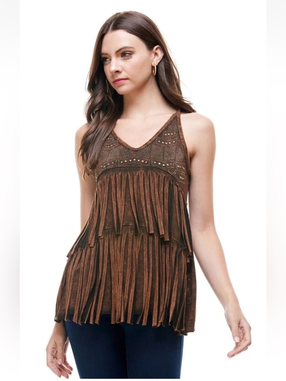 T Party Fashion Brown Fringe V-Neck Tank Top